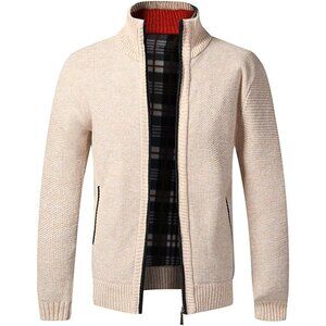 Men's Beige Casual Slim Full Zip Knitted Polyester Cardigan Sweater with Pocked